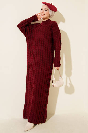 Saç Örgülü Basic Triko Elbise Bordo - Elbise