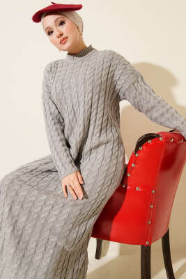 Saç Örgülü Basic Triko Elbise Gri - KILIÇ TRİKO