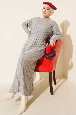 Saç Örgülü Basic Triko Elbise Gri - Elbise