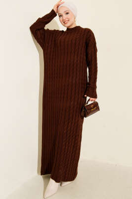 Saç Örgülü Basic Triko Elbise Kahve - KILIÇ TRİKO