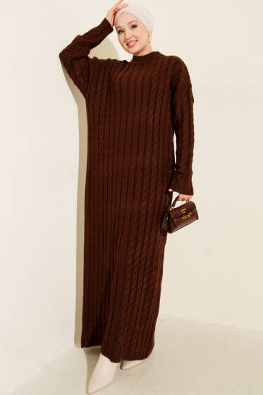 Saç Örgülü Basic Triko Elbise Kahve - Elbise
