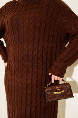 Saç Örgülü Basic Triko Elbise Kahve - Elbise