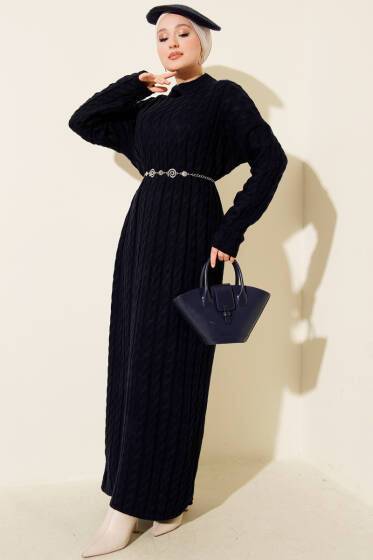 Saç Örgülü Basic Triko Elbise Lacivert - Elbise