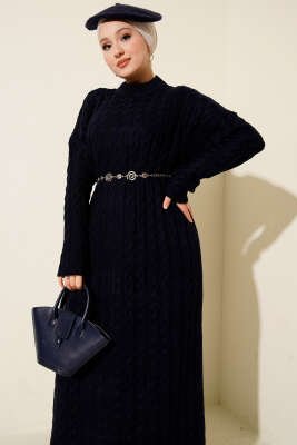 Saç Örgülü Basic Triko Elbise Lacivert - Elbise