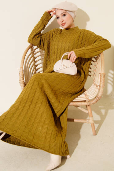 Saç Örgülü Basic Triko Elbise Yağ Yeşili - Elbise