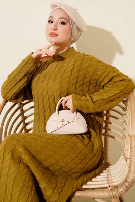 Saç Örgülü Basic Triko Elbise Yağ Yeşili - Elbise