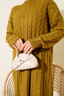 Saç Örgülü Basic Triko Elbise Yağ Yeşili - Elbise