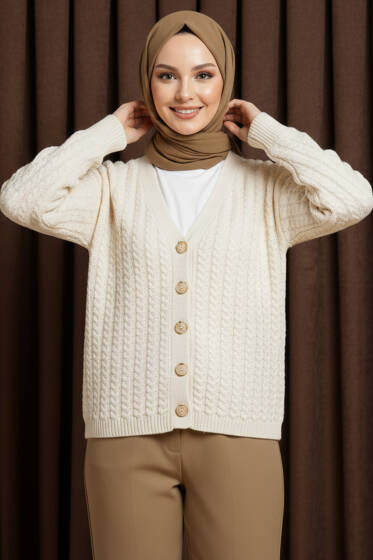 Saç Örgülü Düğmeli Triko Hırka Bej - Hırka