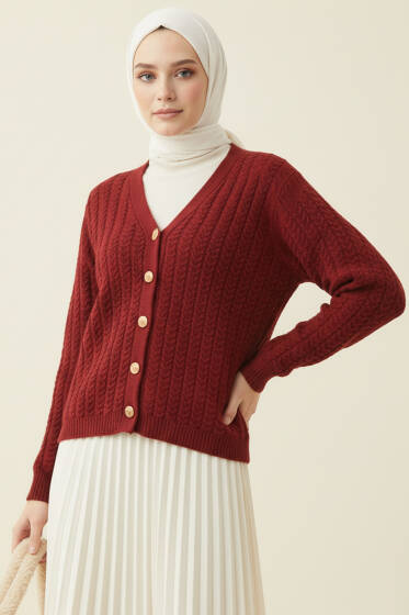 Saç Örgülü Düğmeli Triko Hırka Bordo - Yılın Fırsatı