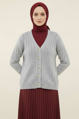 Saç Örgülü Düğmeli Triko Hırka Gri 