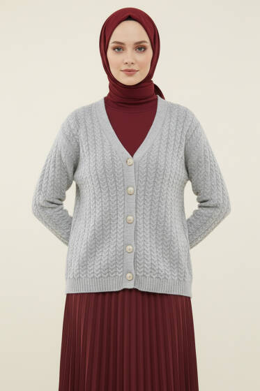Saç Örgülü Düğmeli Triko Hırka Gri - Yılın Fırsatı