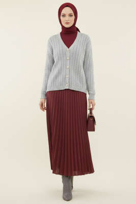 Saç Örgülü Düğmeli Triko Hırka Gri - Yılın Fırsatı