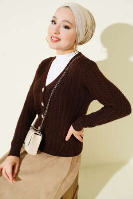 Saç Örgülü Düğmeli Triko Hırka Kahve 