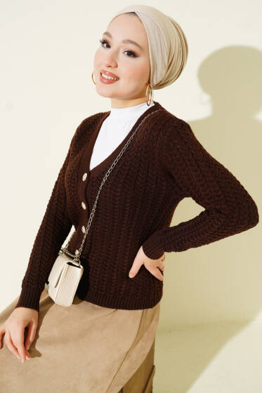 Saç Örgülü Düğmeli Triko Hırka Kahve - Hırka