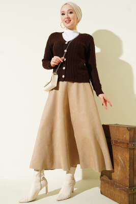 Saç Örgülü Düğmeli Triko Hırka Kahve - Hırka