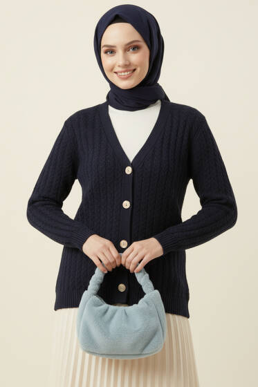 Saç Örgülü Düğmeli Triko Hırka Lacivert - Hırka