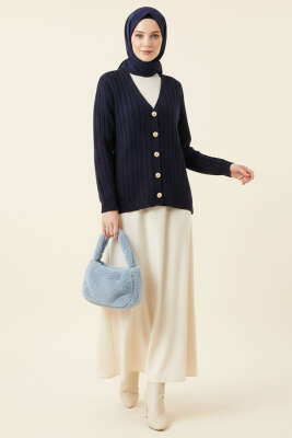 Saç Örgülü Düğmeli Triko Hırka Lacivert - Yılın Fırsatı
