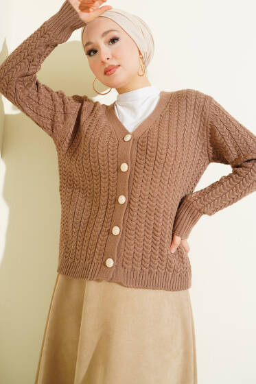 Saç Örgülü Düğmeli Triko Hırka Latte - Yılın Fırsatı