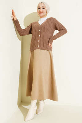 Saç Örgülü Düğmeli Triko Hırka Latte - Yılın Fırsatı