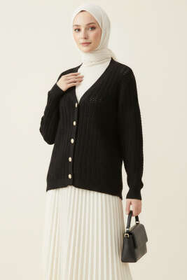 Saç Örgülü Düğmeli Triko Hırka Siyah 
