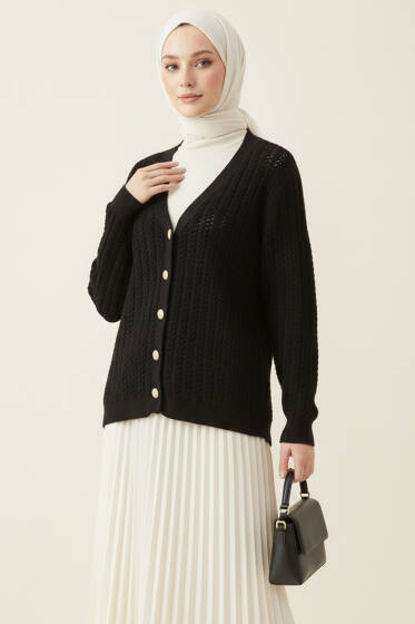 Saç Örgülü Düğmeli Triko Hırka Siyah - Yılın Fırsatı