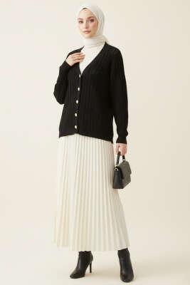 Saç Örgülü Düğmeli Triko Hırka Siyah - Yılın Fırsatı