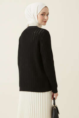Saç Örgülü Düğmeli Triko Hırka Siyah - Yılın Fırsatı