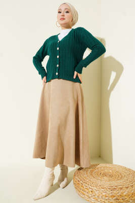 Saç Örgülü Düğmeli Triko Hırka Zümrüt - Hırka