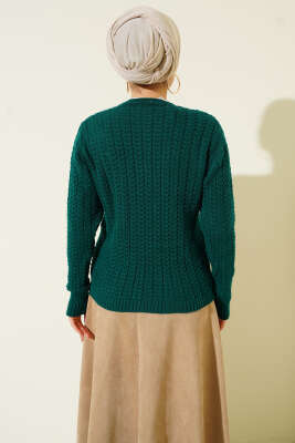 Saç Örgülü Düğmeli Triko Hırka Zümrüt - Hırka
