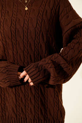 Saç Örgülü Salaş Triko Kazak Kahve - Kadın Giyim Modelleri