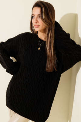 Saç Örgülü Salaş Triko Kazak Siyah - Kadın Giyim Modelleri