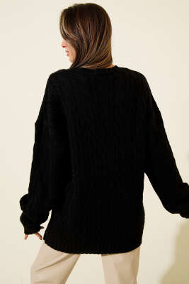 Saç Örgülü Salaş Triko Kazak Siyah - Kadın Giyim Modelleri