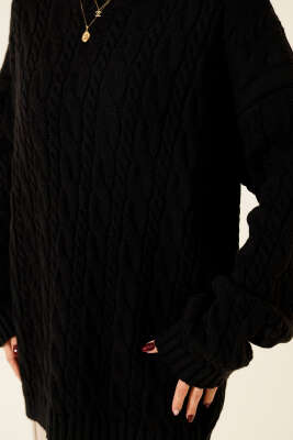 Saç Örgülü Salaş Triko Kazak Siyah - Kadın Giyim Modelleri