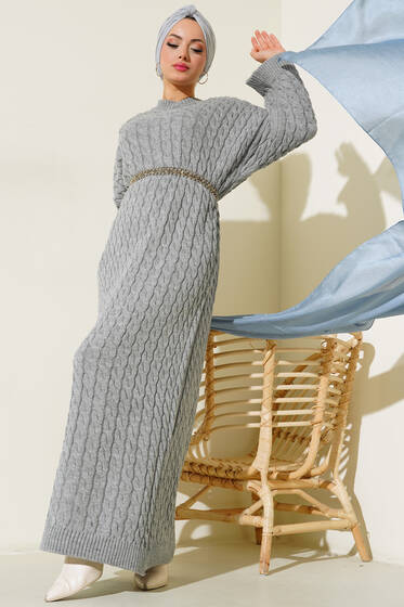 Saç Örgülü Triko Elbise Gri - Elbise