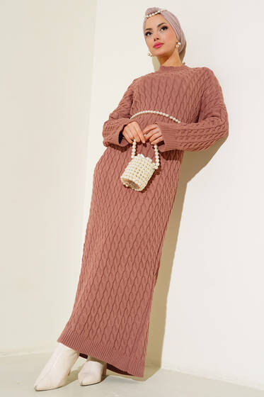 Saç Örgülü Triko Elbise Gül Kurusu - Tesettür Elbise