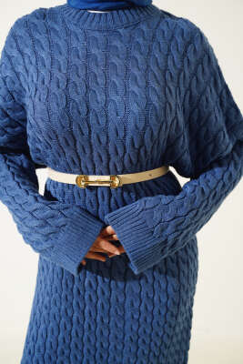 Saç Örgülü Triko Elbise İndigo - Tesettür Elbise