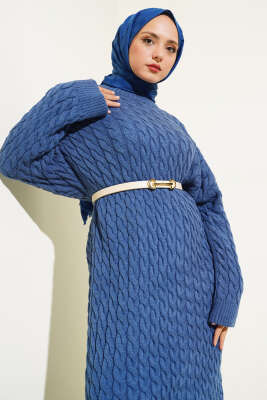 Saç Örgülü Triko Elbise İndigo - Tesettür Elbise