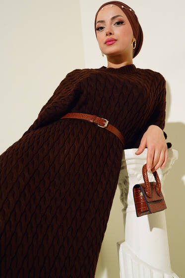 Saç Örgülü Triko Elbise Kahve - Tesettür Elbise