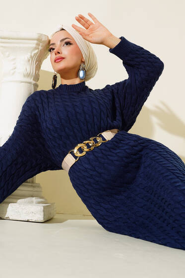 Saç Örgülü Triko Elbise Lacivert - Tesettür Elbise