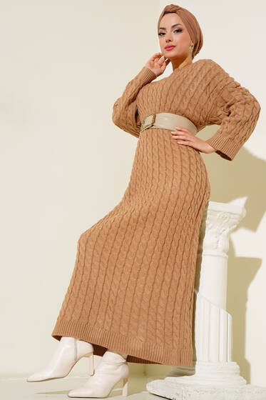 Saç Örgülü Triko Elbise Latte - Tesettür Elbise