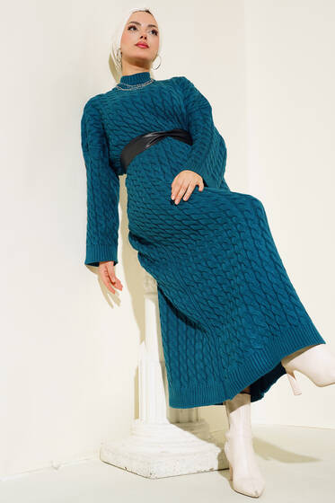 Saç Örgülü Triko Elbise Petrol - Tesettür Elbise