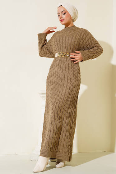 Saç Örgülü Triko Elbise Vizon - Tesettür Elbise