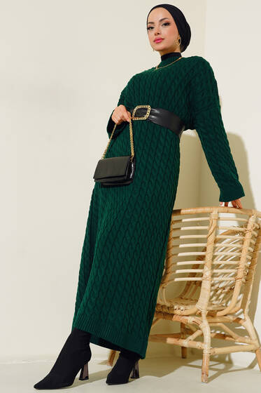 Saç Örgülü Triko Elbise Zümrüt Yeşili - Elbise