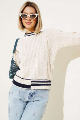 Saç Örgüsü Kısa Triko Kazak Bej - Kadın Giyim Modelleri