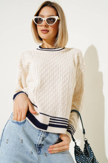 Saç Örgüsü Kısa Triko Kazak Bej - Yeni Giyim