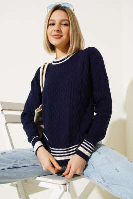 Saç Örgüsü Kısa Triko Kazak Lacivert - Kadın Giyim Modelleri