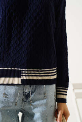 Saç Örgüsü Kısa Triko Kazak Lacivert - Kadın Giyim Modelleri