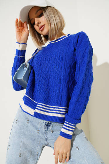 Saç Örgüsü Kısa Triko Kazak Saks - Triko