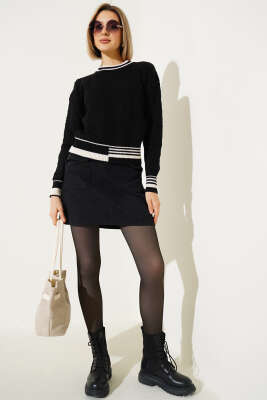 Saç Örgüsü Kısa Triko Kazak Siyah - Kadın Giyim Modelleri