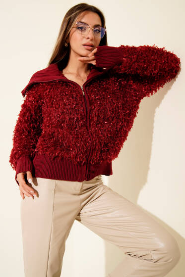 Saçaklı Detaylı Fermuarlı Hırka Bordo - Kadın Giyim Modelleri